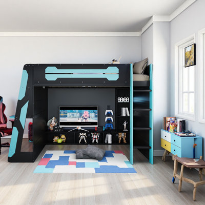 Full Size Wood Loft Bed With Desk, Multi-Storage Shelves And RGB Light