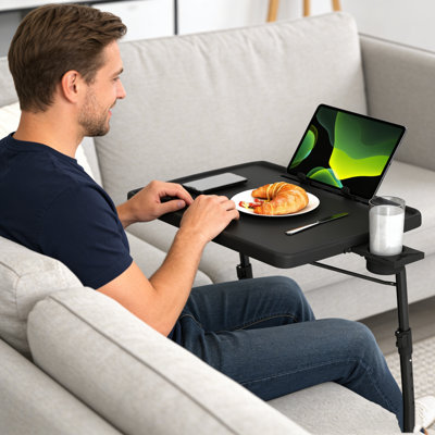 Plateau télé réglable et pliable avec 6 hauteurs et 3 inclinaisons, porte-gobelet et fente pour tablette