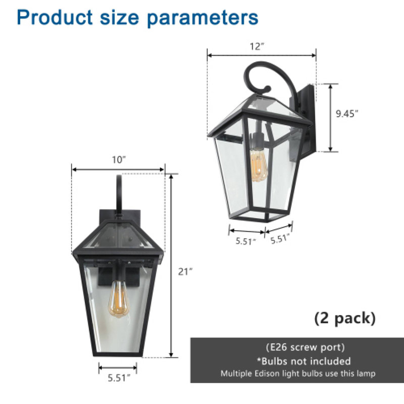 21"H Outdoor Wall Light 2-Pack, Modern Black Metal Clear Glass Lantern For Porch Patio Garden(Bulb Not Included)