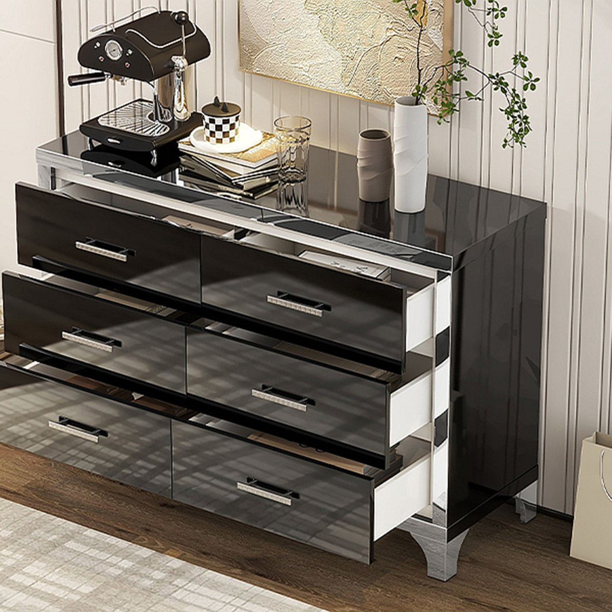 Ives 6-drawer Dresser Cabinet Grey High Gloss