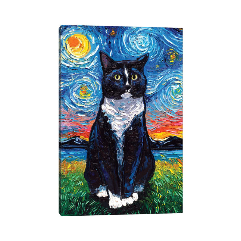 Tuxedo Cat Night by Aja Trier - Wrapped Canvas Painting, 20.32 cm H x 30.48 cm W