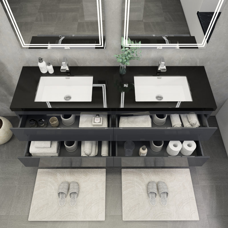 Ensemble de meuble-lavabo double mural 72 po Kirker, Gris lustré