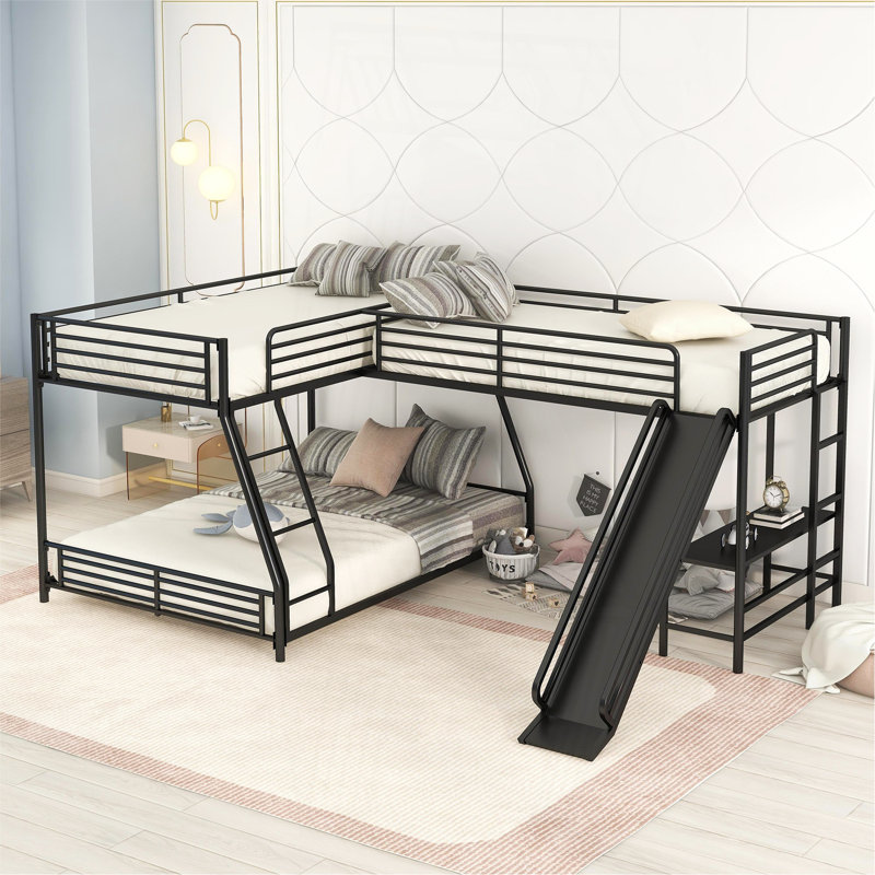 L-Shaped Twin Over Full Bunk Bed With Twin Size Loft Bed,Built-In Desk And Slide,Black