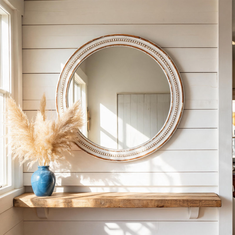 Miroir mural rond en bois, miroir décoratif rustique de style campagnard pour salle de bain, vestibule, salon