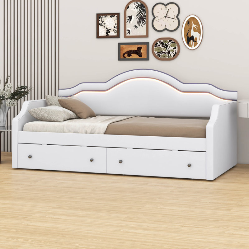 Lit de jour (rembourré) - lumières DEL + 2 tiroirs, Beige, Lit simple