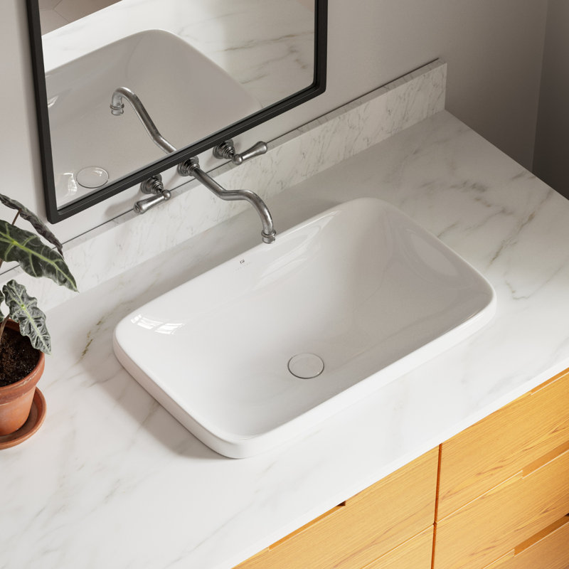 Los Flexi Semi Recessed Vessel Sink, Rectangular Ceramic Drop In Bathroom Sink with Pop-up Drain, 24" L x 15" W, White