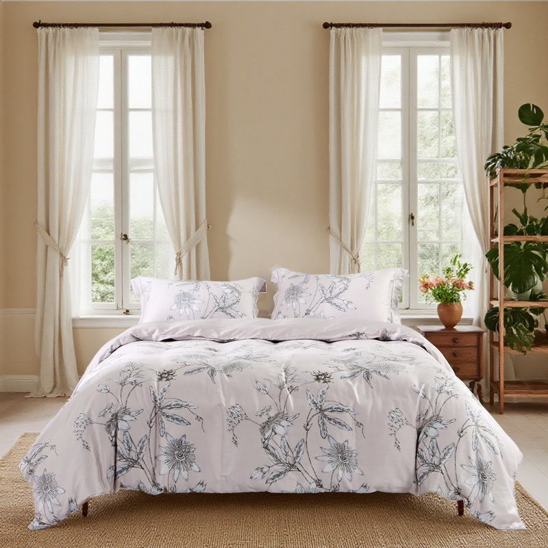 Lunaria 100% Long-Staple Cotton Duvet Cover Set Light Pink Elegant Floral Pattern Printed Comforter Cover 3pcs, Ultra Soft & Breathable Bedding Set