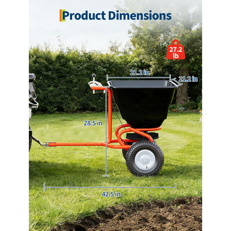 Tow-Behind Broadcast Spreader, 130LBS Lawn & Garden Spreader with 10" Pneumatic Tires, Adjustable Flow Control for Fertilizer, Seed, Salt, Ice Melt - Black+Orange