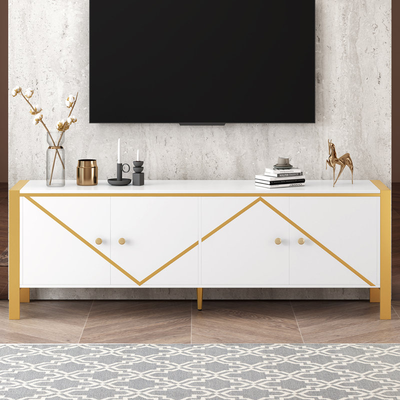 Meuble télé moderne et minimaliste pour téléviseur de 75 po ou moins avec 2 armoires spacieuses, Blanc