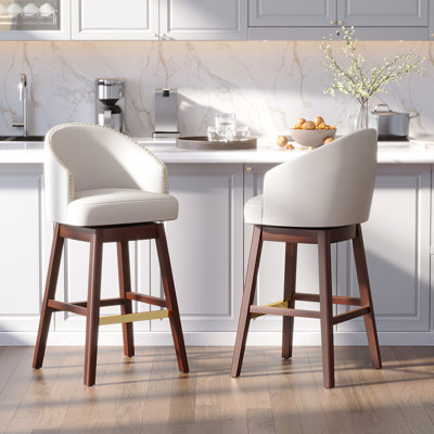 Swivel 31.9'' Faux Leather Bar Stool with Solid Wood Legs, White