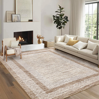 Tapis rectangulaire 9 po x 12 pi imitation polyester brun à motif géométrique moderne pliable lavable pour couloir