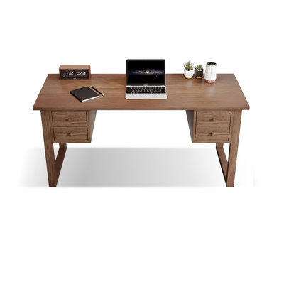 Bureau double caisson en bois massif brun noisette avec 4 tiroirs