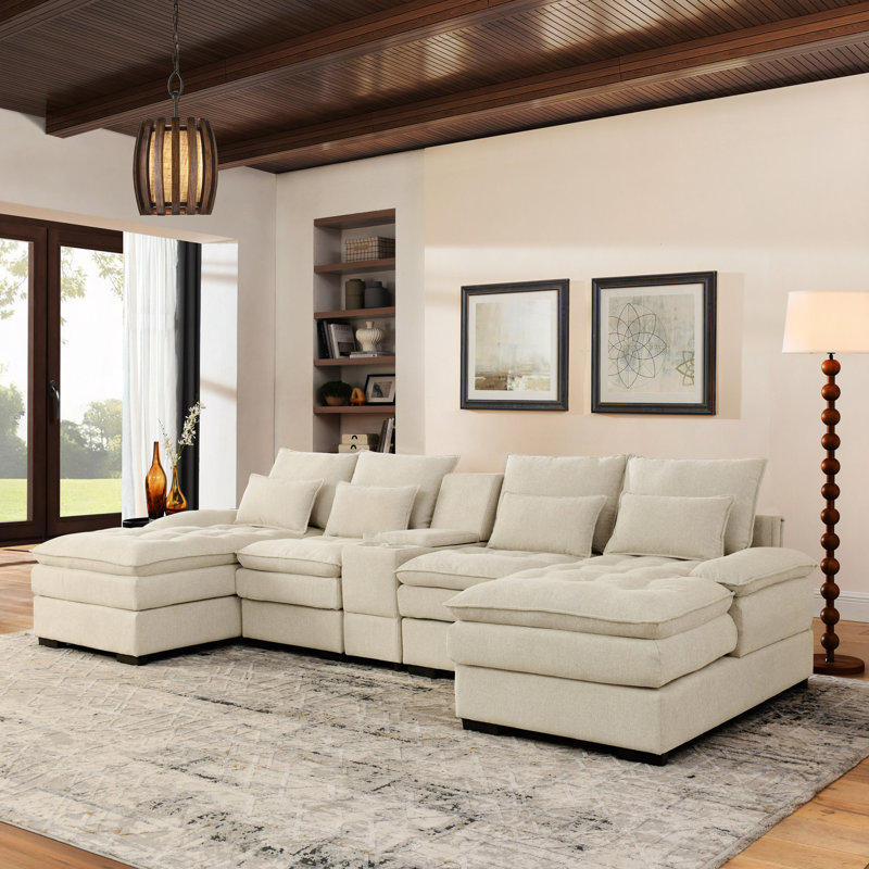 130" U-Shaped Sofa With Console,Cupholders,6-Seat Upholstered Primary Living Space Furniture,Sleeper Couch Set With Chaise For Living Room,Apartment