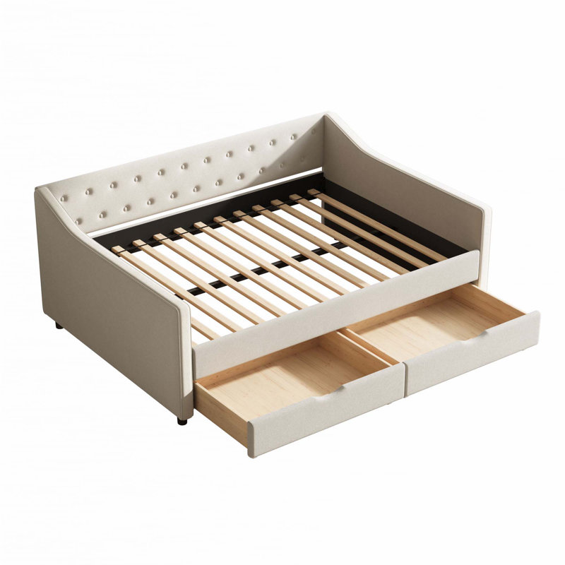 Canapé-lit rembourré capitonné, Beige, Complet/Double