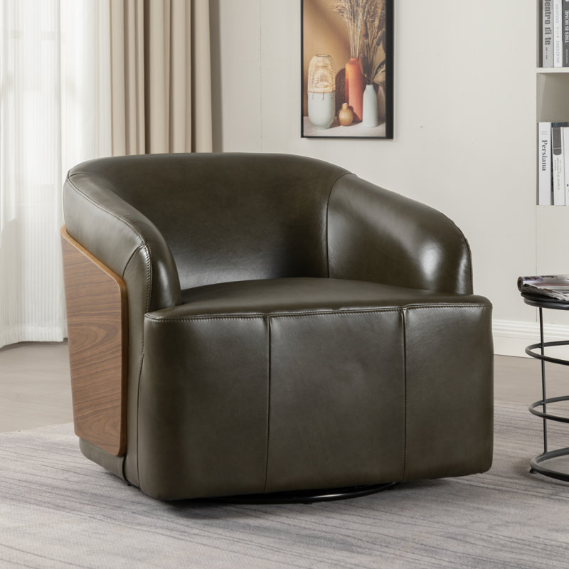 Fauteuil demi-tonneau pivotant en cuir véritable, Vert olive