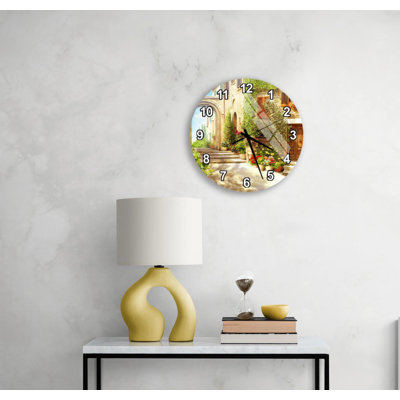 Tempered Glass Wall Clock, Picturesque Flowered Archway Scene, Rustic Old Town Decor, Silent Art Piece, Housewarming Present