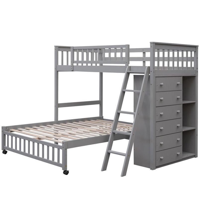 Lit superposé simple au-dessus de double en bois avec six tiroirs et tablettes flexibles, lit inférieur avec roulettes, Gris