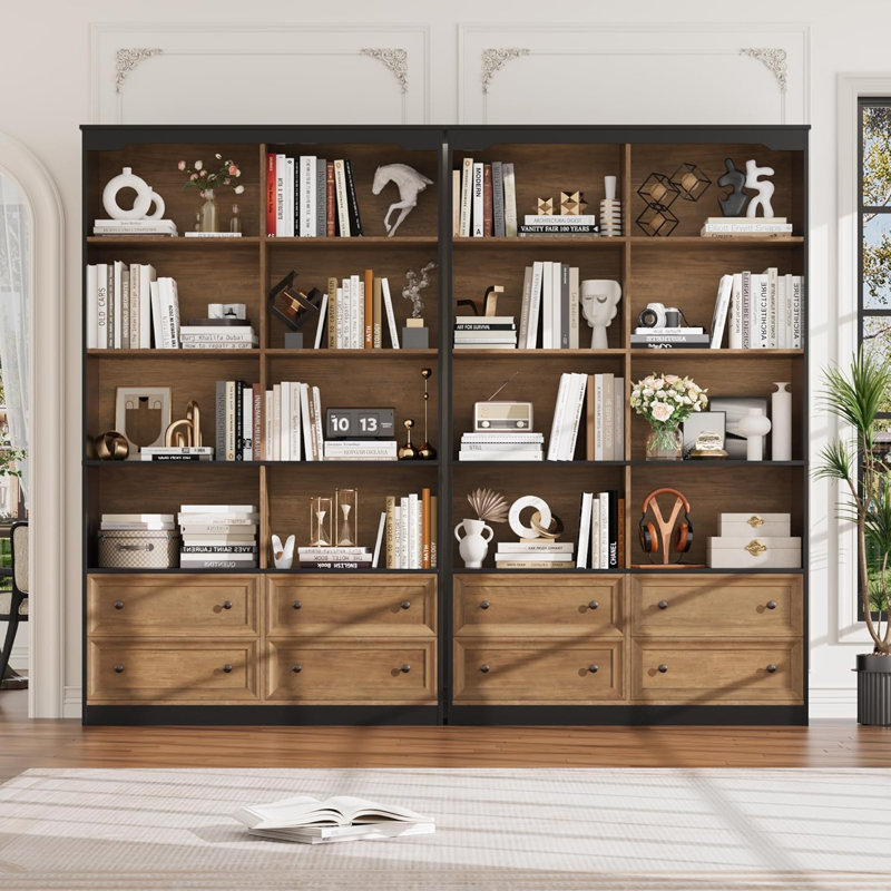 71" Tall Bookshelf with 4 Drawers, 6-Tier Double Wide Bookshelf and Bookcase with Storage, Tall Bookshelf Large Bookshelf Standing Book Cabinet for Home Office, Brown/Black