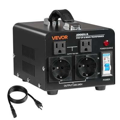 Voltage Converter Transformer, 1000VA, Heavy Duty Step Up/Down Power Transformer, Convert from 110V to 220V and 220V to 110V, with US Outlets, EU Outlets, Power Cord, Circuit Breaker Protection