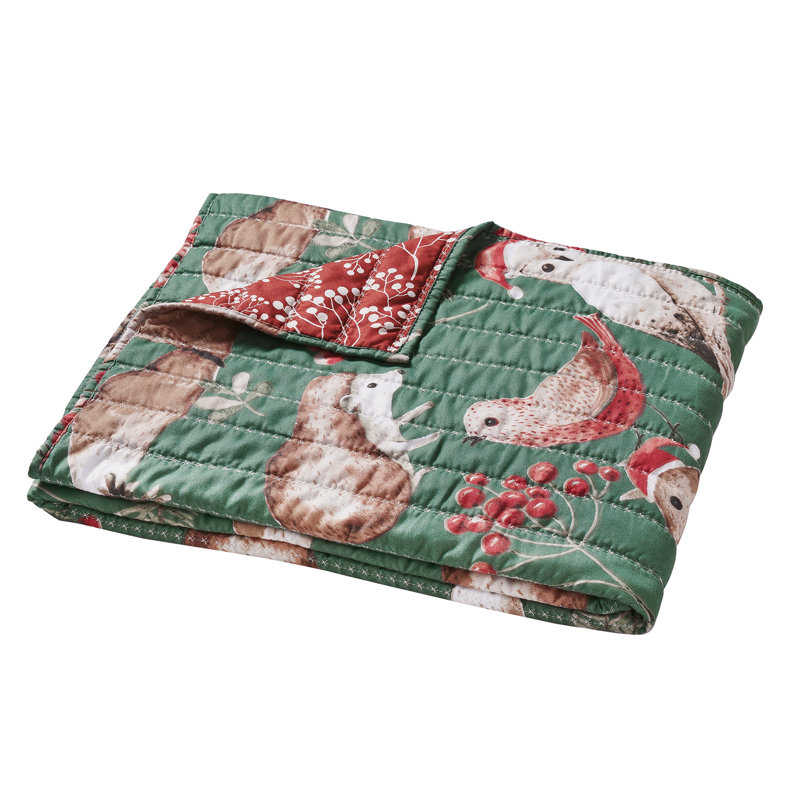 Green and Red Holiday Forest Animals Quilted Throw Blanket