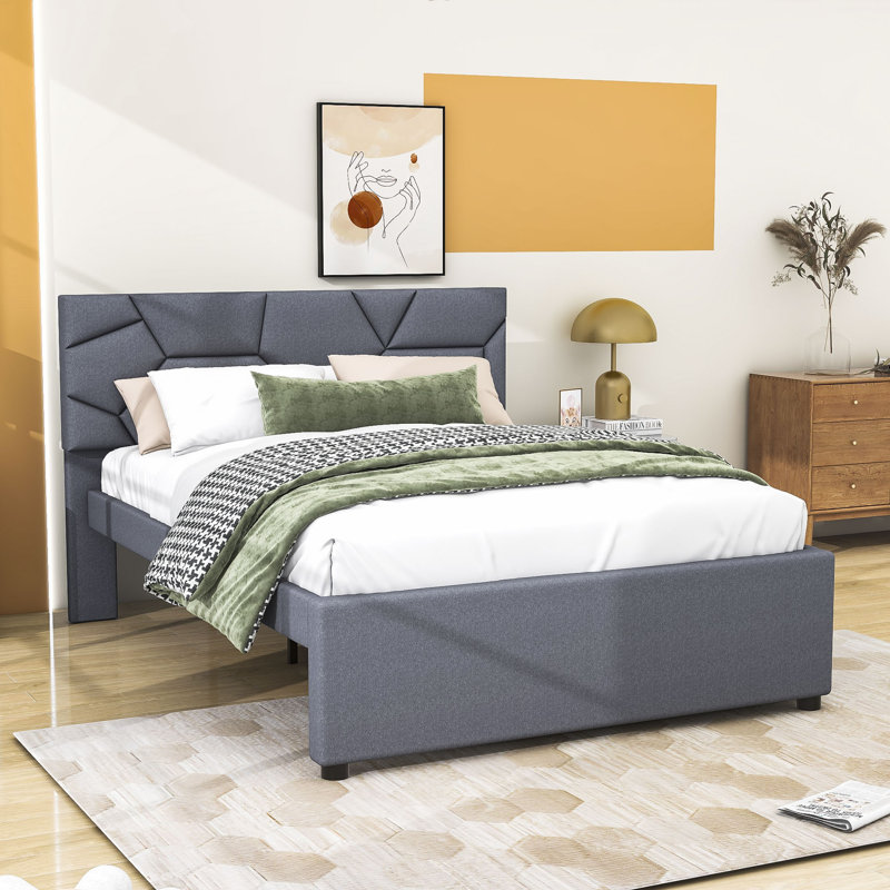 Lit plateforme tapissier avec lit gigogne et tête de lit, Double, gris