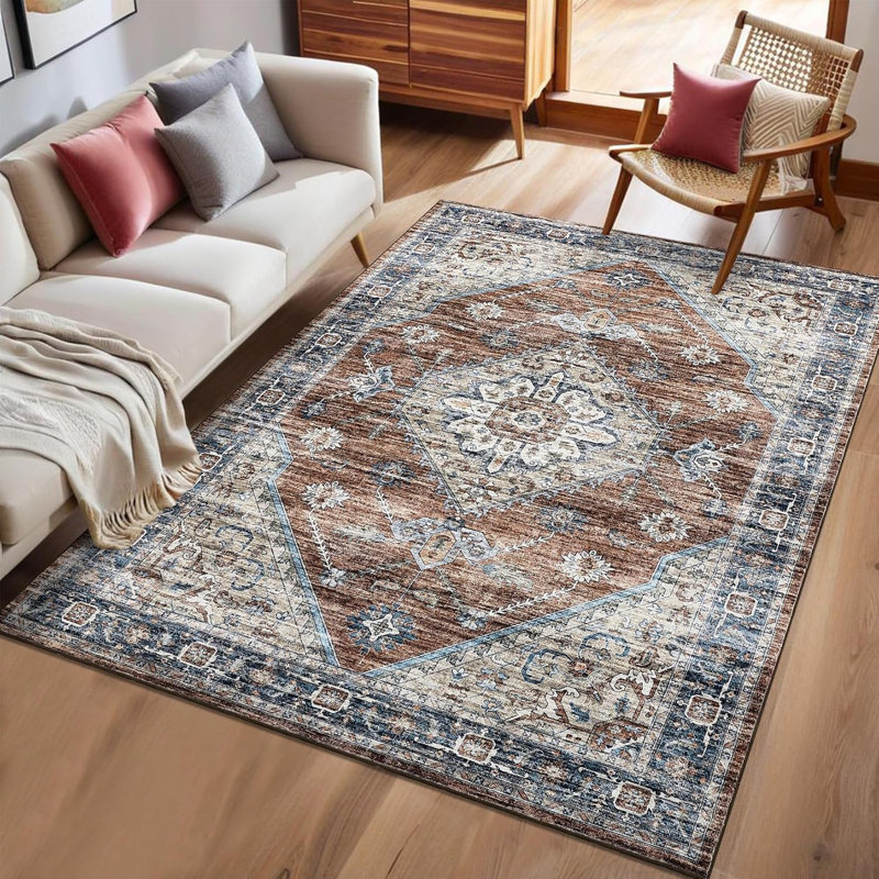 Washable Rugs 10x13 Area Rugs for Living Room, Vintage Floral Bedroom Rugs Indoor Accent Large Carpet Table Soft Non Slip Retro Floor Cover
