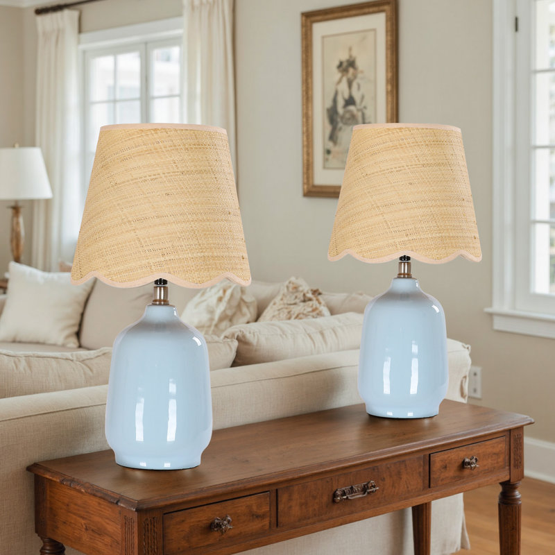 Kokenos Ceramic Table Lamp With Scallop Shade, Light Blue