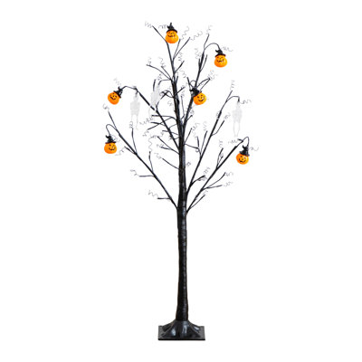 4 pi. Arbre d'ornement artificiel pré-éclairé avec citrouilles et crânes d'Halloween avec 64 lumières DEL blanc chaud