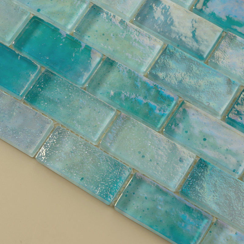Swimming Pool 1" x 2" Straight Edge Glass Mosaic Tiles in Sea Shadow, Aquamarine Dawn