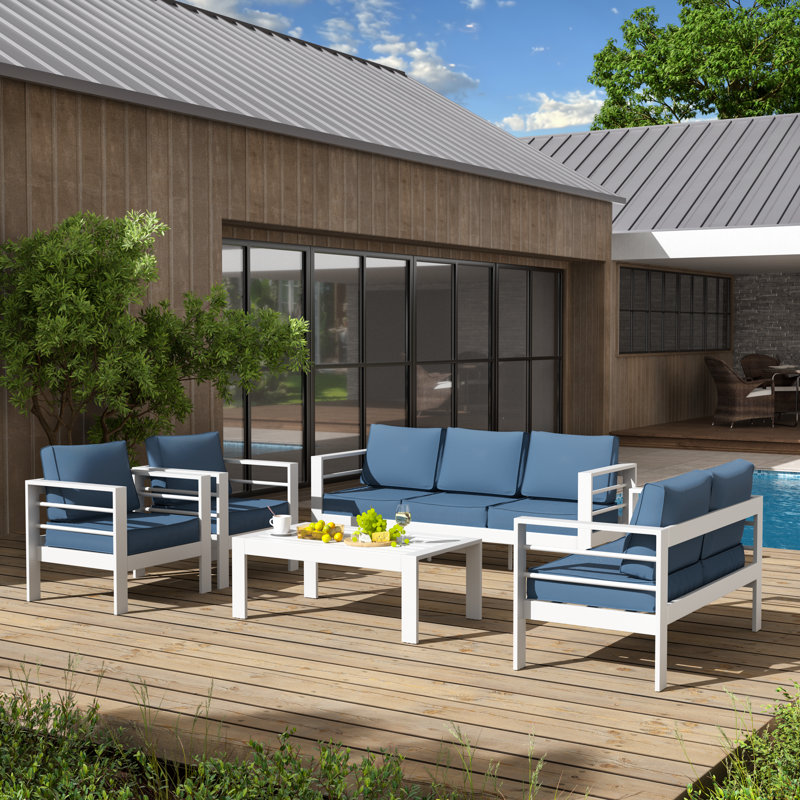 7-Person Aluminum Outdoor Seating Group with Cushions , White Frame / Blue Cushion