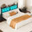  California King Size Headboard With Storage, 60,000 Diy Color Of Led Lights, Cal King Metal Head Board With Charging Station, Modern Freestanding Headboard Only, Easy Assembly, Black-509900768-509900770