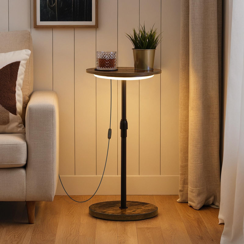 Adjustable Height Drink Table with LED Light and Cup Mat, Rustic Brown