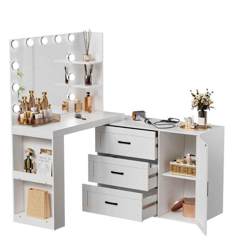Makeup Vanity Desk with Mirror and 3-Color Lights, Vanity Table with Charging Station