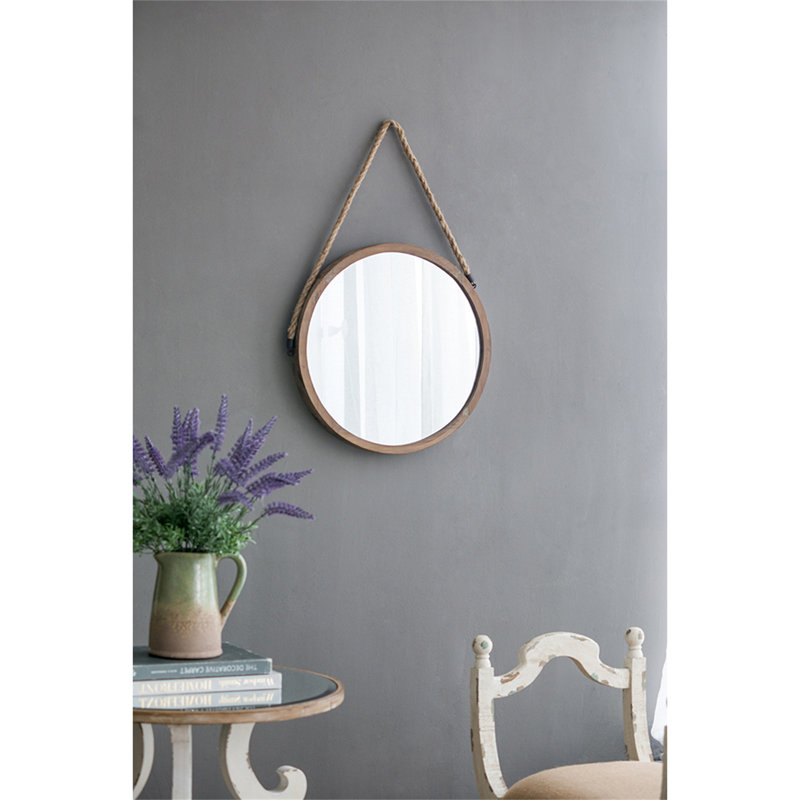 Miroir rond en bois avec poignée en jute 19 po x 19 po x 29,5 po Rally