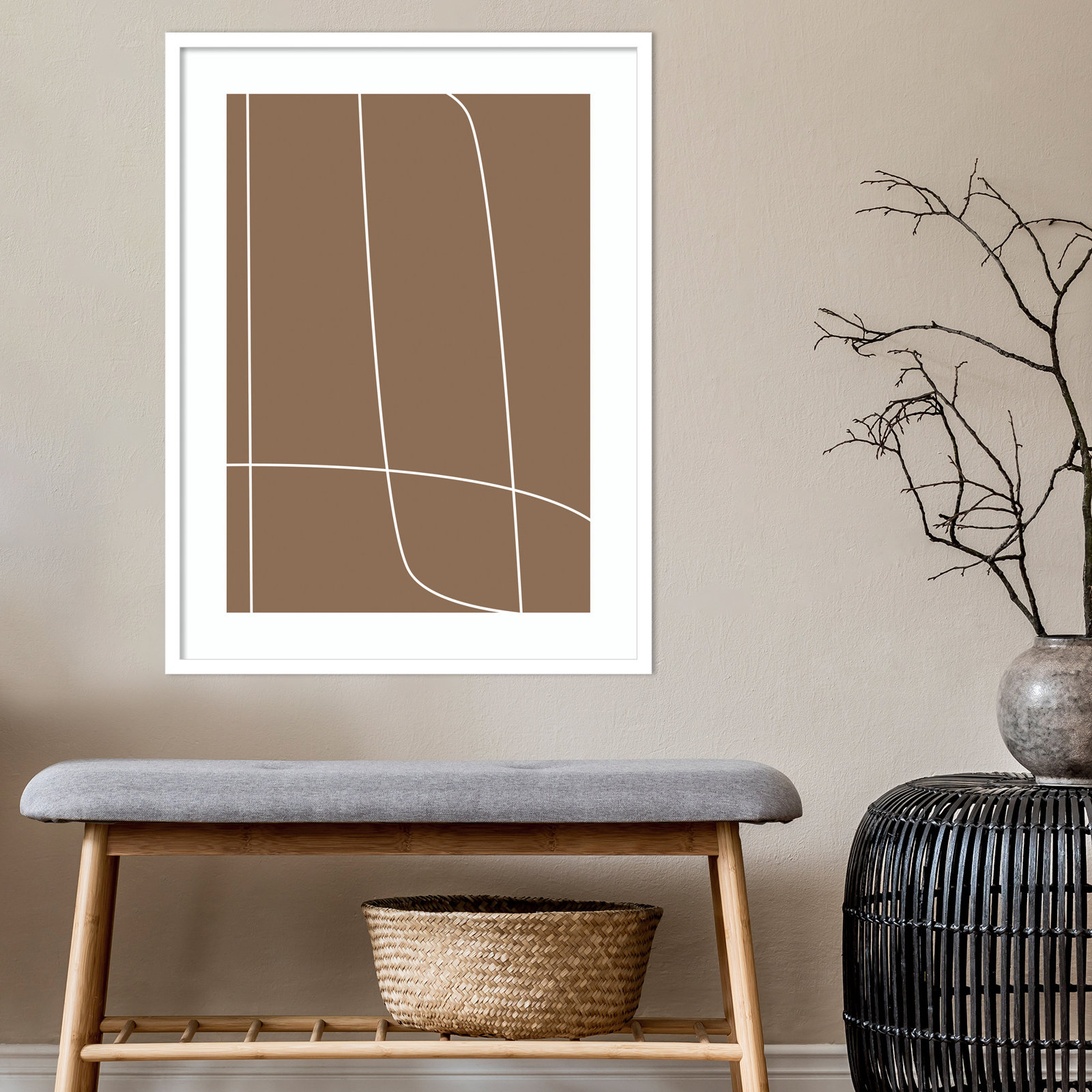 Modern Line Abstract 2 Mushroom Brown by The Creative Bunch Studio, 17" H x 14" W, White Framed