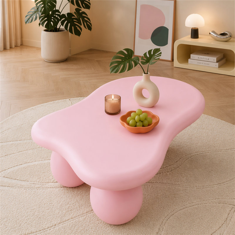 Table basse de 47 pouces en forme de nuage, table basse basse avec 3 pieds sphériques pour le salon, Rose