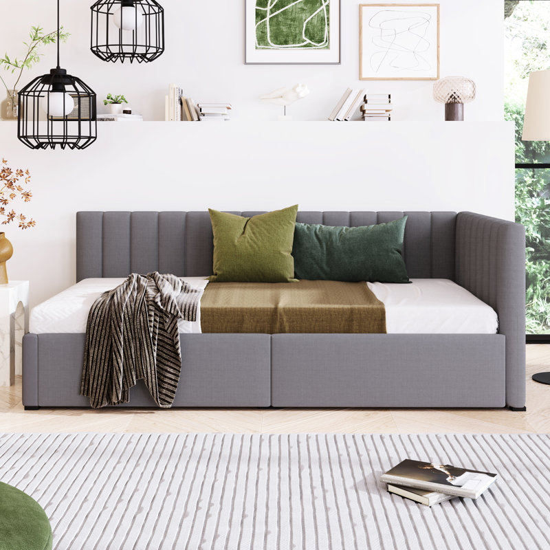 Lit de jour simple rembourré avec 2 rangements, tissu en lin, sans sommier, cadre de lit gris, tiroirs de rangement, lit simple, lin