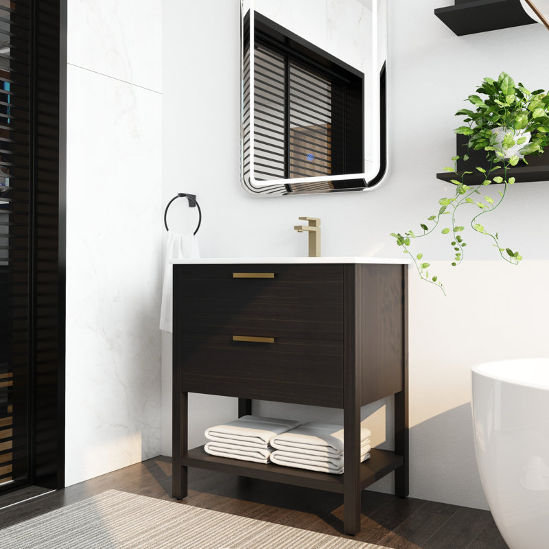 Meuble-lavabo avec 2 tiroirs. 30 po, châtaignier noir, poignée dorée, lavabo. Lavabo et tablette design. Tiroirs, poignée en métal
