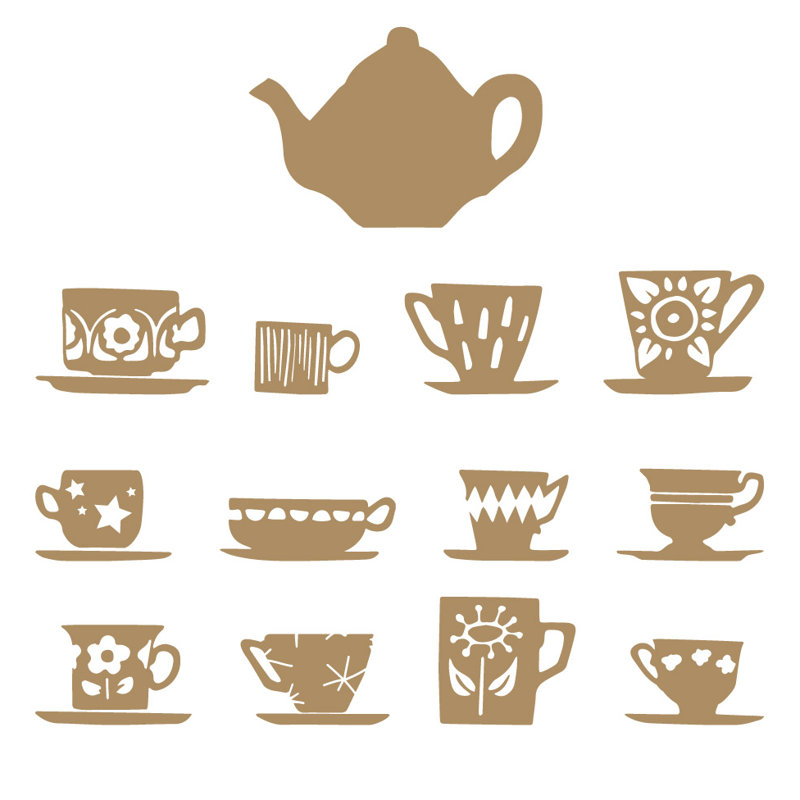 Décalcomanie murale tasses de thé, H 32 po x l 33 po x P 0,01 po, Brun pâle