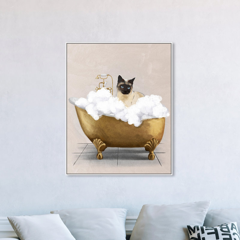 Bathtub Cat " Bathtub Cat " Graphic Art Painting, 37" H x 37" W, White Framed