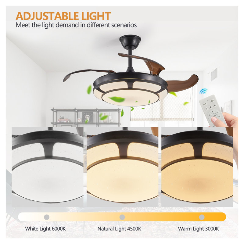 Ventilateur de plafond 42 "rétractable avec lumière - Ventilateur de lustre moderne à DEL, télécommande à 6 vitesses et éclairage à intensité variable pour le salon