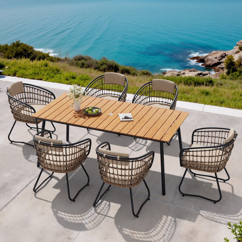 6 - Person Metal Patio Dining Set With Removable Cushions And Umbrella Hole, Beige Cushion/Brown Table Top