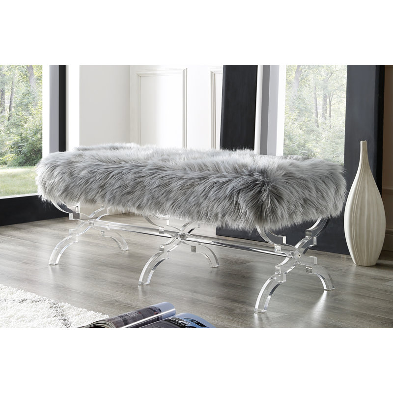 Giselle Faux Fur Acrylic X-Leg Bench, Gray