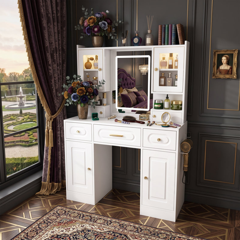 Ensemble de coiffeuse moderne de 99 cm avec miroir et éclairage, table de toilette fonctionnelle avec prise électrique intégrée, blanc
