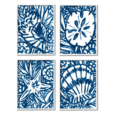 «Nautical Blue Seashell Starfish Sand Line» par June Erica Vess - ensemble de 4 impressions