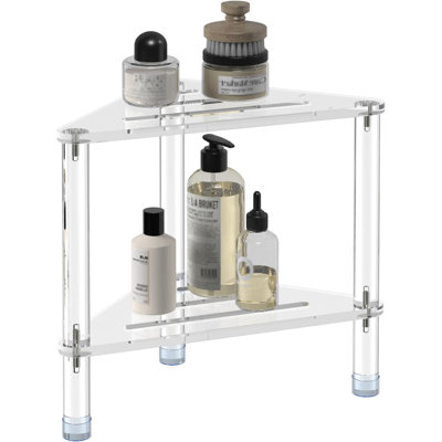 Acrylic Corner Shower Stool For Shaving Legs 11.42" D X 11.42" W X 14.37" H, Triangle Shower Foot Rest With Storage Shelf, Heavy Duty, For Inside Shower