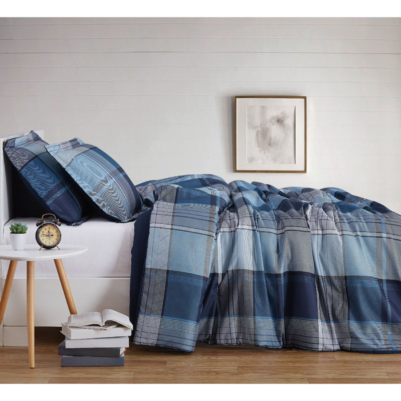 Full/Queen Blue Plaid Reversible Microfiber Comforter Set