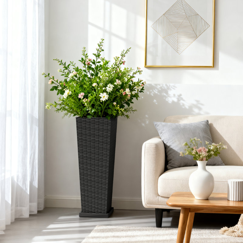24/32 in. Imitation-Wicker Plastic Tall Planter Pot with Drainage Hole & Tray, 32"H, Black