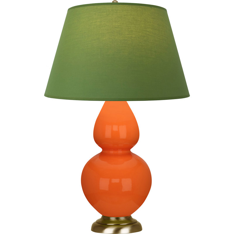 Lampe de table double gourde en céramique, Thé vert / taupe, Orange / laiton naturel antique, Laiton