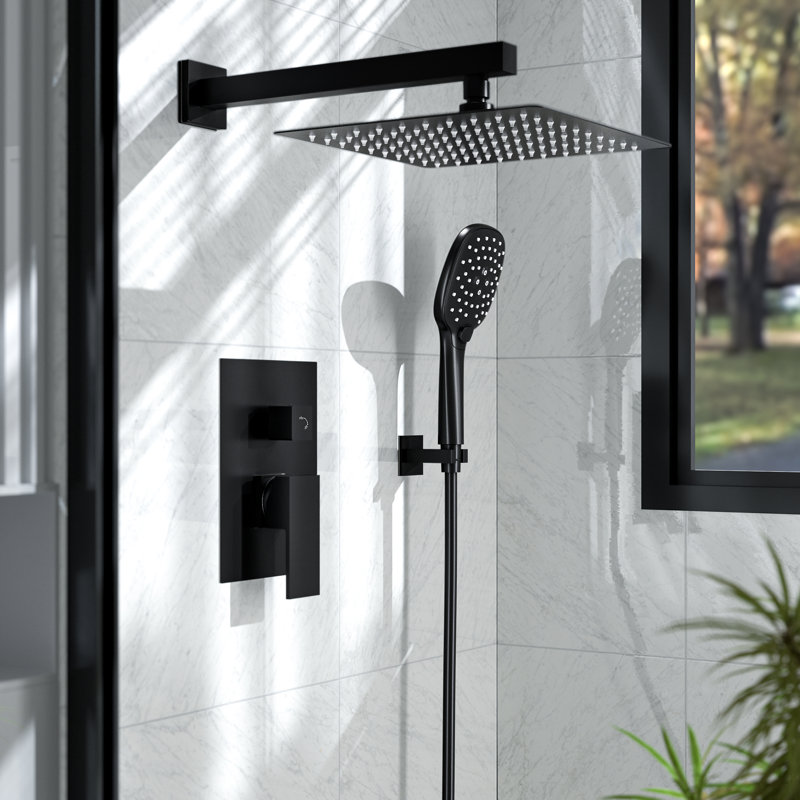 Pressure-Balanced Shower System, 10-Inch RainfallShower Faucet with Rough-in Valve, Matte Black